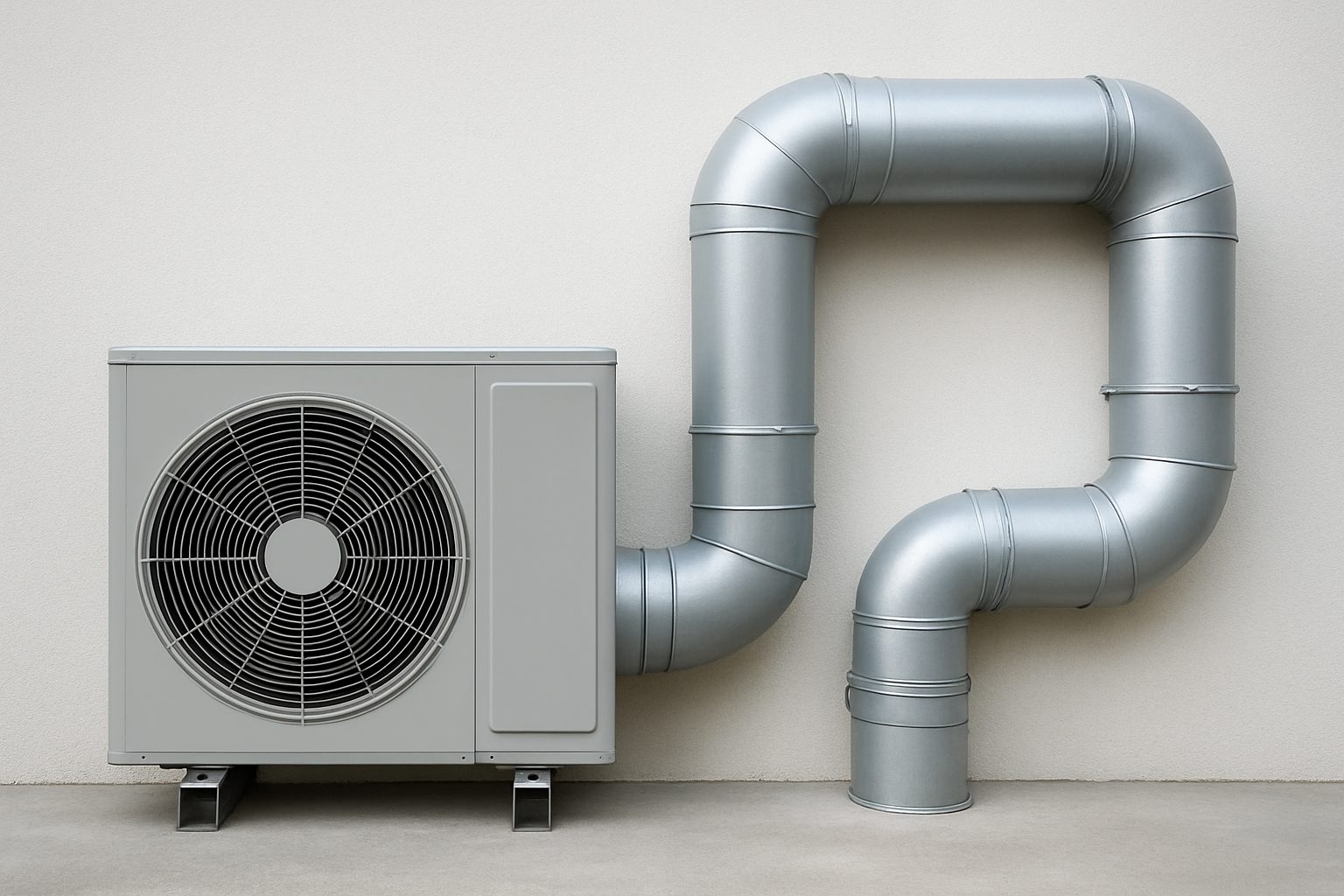 An HVAC unit with ductwork attached against a plain wall