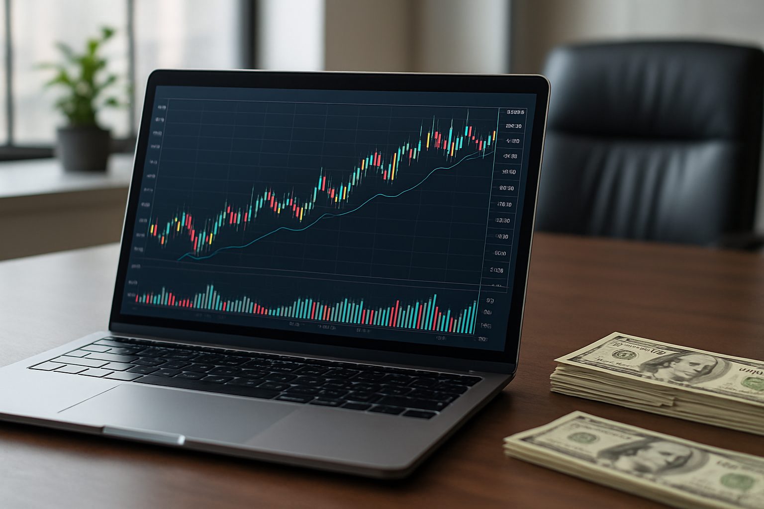 A laptop displaying a financial trading chart with stacked dollar bills on the table