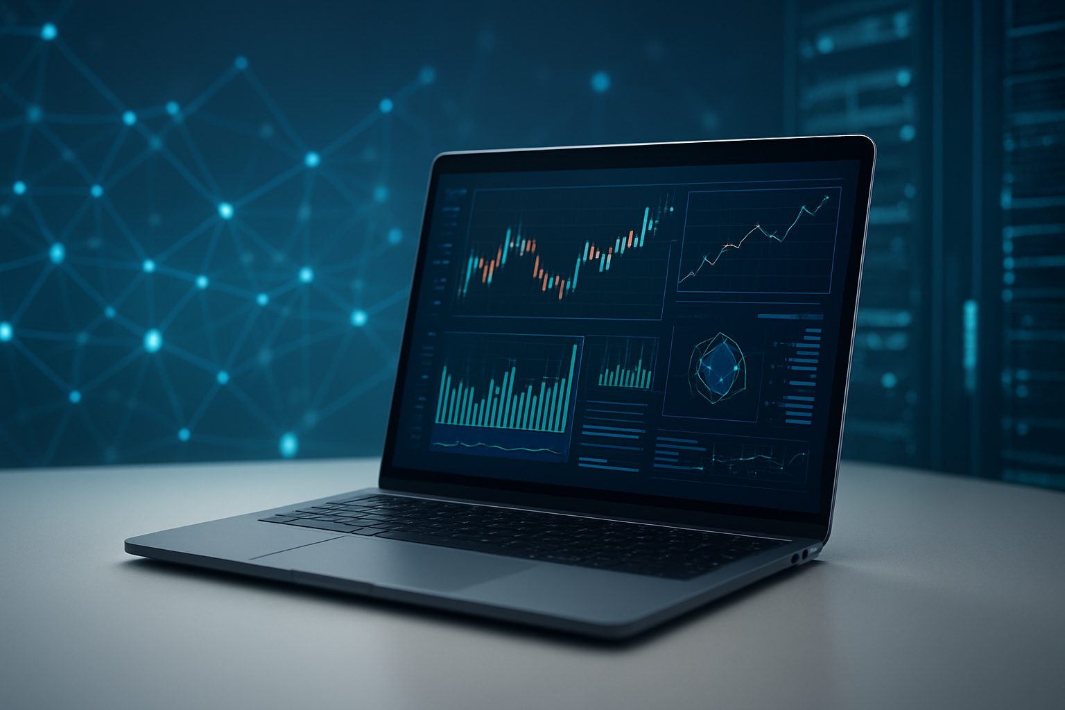 Laptop displaying digital asset market charts and data against a network background